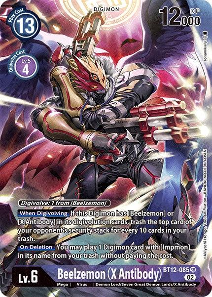 A trading card for the game Digimon shows Beelzemon (X Antibody) [BT12-085] (Alternate Art) [Across Time], a Demon Lord, with a blue "13" in the top-left corner, indicating the play cost, and "12,000" in the top-right corner, indicating power. This Super Rare card boasts detailed stats and effects written in white text.