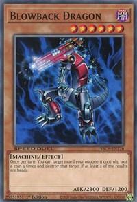 A Yu-Gi-Oh! trading card depicting "Blowback Dragon [SBCB-EN176] Common," an Effect Monster with 2300 attack and 1200 defense points. The dragon has a mechanical body with three blue barrels and emits a laser. The card features descriptive text, Speed Duel, First Edition marks, and is part of the Battle City Box set.