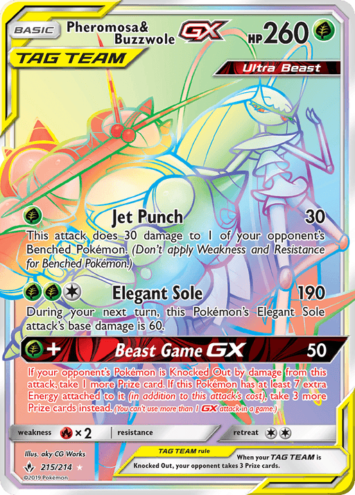 The image shows a Pheromosa & Buzzwole GX (215/214) [Sun & Moon: Unbroken Bonds] Pokémon card from the Pokémon series. It features a vibrant, holographic design with both Grass-type Pokémon in dynamic poses. This Secret Rare card details various attacks including Jet Punch, Elegant Sole, and Beast Game GX, with stats boasting 260 HP.