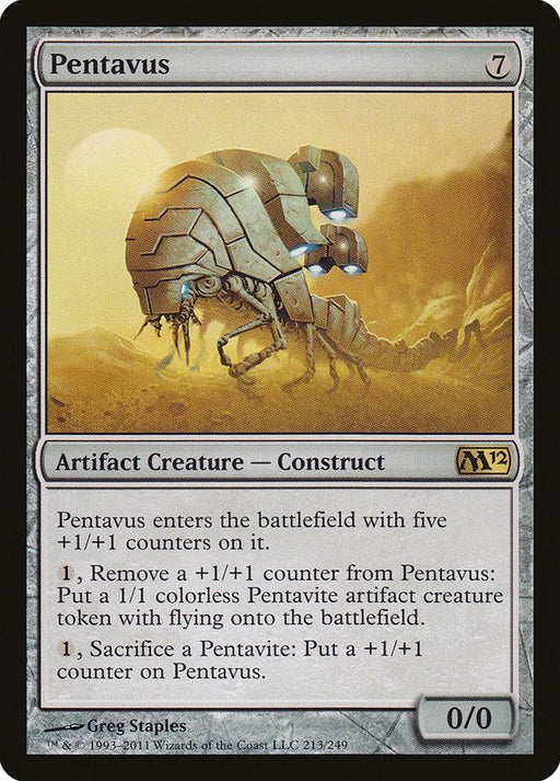 A Magic: The Gathering card titled "Pentavus [Magic 2012]" from the Magic 2012 set with a mana cost of 7 colorless. This Artifact Creature has 0/0 base stats and abilities to add and remove +1/+1 counters, creating Pentavite creature tokens. Illustrated by Greg Staples, it's a remarkable addition to any deck.
