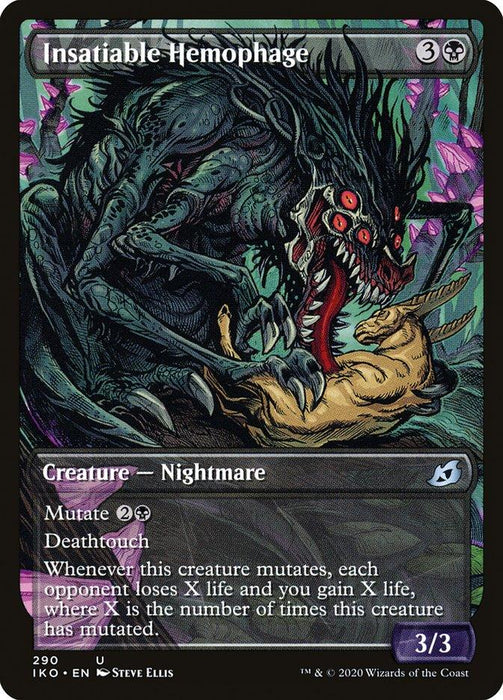 A Magic: The Gathering card titled "Insatiable Hemophage (Showcase) [Ikoria: Lair of Behemoths]." It depicts a dark, terrifying Nightmare Creature with jagged teeth, numerous eyes, and sharp claws attacking a smaller figure. The card has a Mutate cost of 2B and features Deathtouch. Illustrated by Steve Ellis.