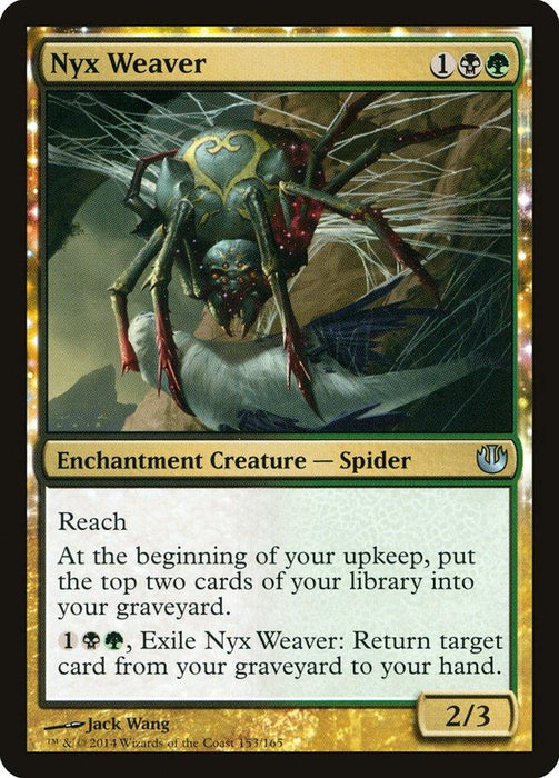 A Magic: The Gathering card titled "Nyx Weaver [Journey into Nyx]" from the Magic: The Gathering set. This Enchantment Creature features an illustration of a large spider with green and gold markings and intricate webbing. Its green and black border encases abilities like Reach, an upkeep effect, and an exile ability to return a card from the graveyard.