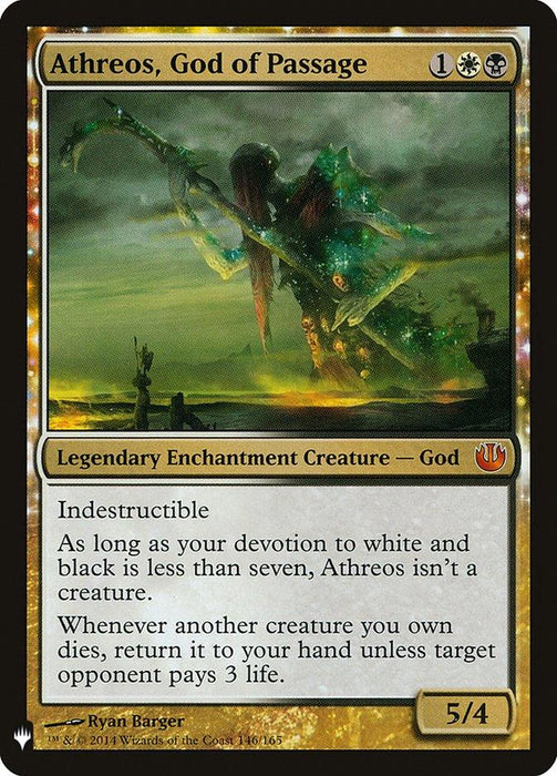 A Magic: The Gathering card featuring Athreos, God of Passage [Mystery Booster]. This legendary enchantment creature has a mana cost of 1 white, 1 black, and 1 generic. It boasts indestructible abilities with a 5/4 stat line. The artwork depicts a spectral figure wielding a scythe, available in the Mystery Booster set.