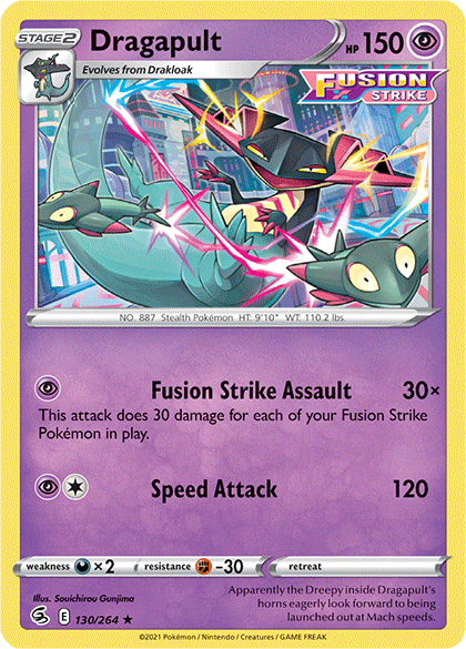 A Pokémon trading card displaying Dragapult, a dragon-like creature with a sleek, dark-purple body and yellow triangle markings. Listed as a Stage 2 Holo Rare card, it evolves from Drakloak. It boasts HP 150 with moves "Fusion Strike Assault" and "Speed Attack." The card features vivid background hues and detailed stats. This is the Dragapult (130/264) [Sword & Shield: Fusion Strike] by Pokémon.