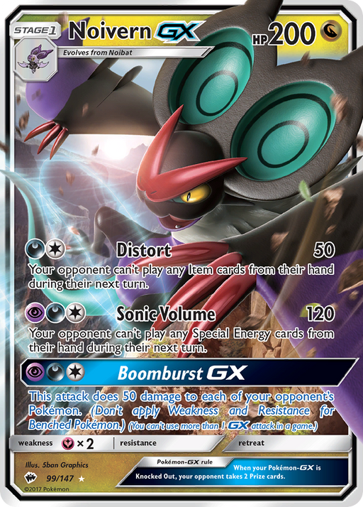 A Pokémon card titled "Noivern GX (99/147) [Sun & Moon: Burning Shadows]" from the Pokémon brand. This Ultra Rare Dragon Type card showcases a bat-like creature with large green and red ears, a dark body, and wings. Boasting 200 HP, it features three attacks: Distort (50 damage), Sonic Volume (120 damage), and Boomburst GX. The bottom section provides information on its abilities and weaknesses.