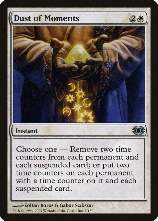 The image shows a Magic: The Gathering card named "Dust of Moments [Future Sight]" from the Future Sight set. This instant, with a mana cost of 2 generic mana and 1 white mana, features a robed figure holding glowing, star-like dust in their hands. The text box details its effects involving time counters.