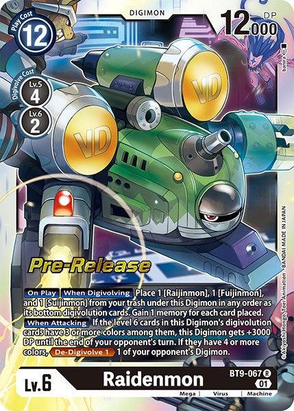 A rare Digimon card featuring Raidenmon [BT9-067] [X Record Pre-Release Promos]. The card showcases a mechanical Digimon with a lightning-themed design, holding two large orbs labeled "VD." It has 12,000 DP, a play cost of 12, and digivolution levels of 4 and 2. This Pre-Release card's ID is BT9-067 and includes detailed text on its abilities.