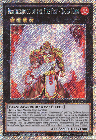 A Yu-Gi-Oh! trading card, Brotherhood of the Fire Fist - Tiger King [CT11-EN001] Secret Rare from the 2014 Mega-Tins, features an impressive Xyz/Effect Monster. This card showcases a formidable beast-warrior adorned with tiger motifs and red armor, wielding a large weapon. It highlights its abilities with stats ATK/2200 and DEF/1800.