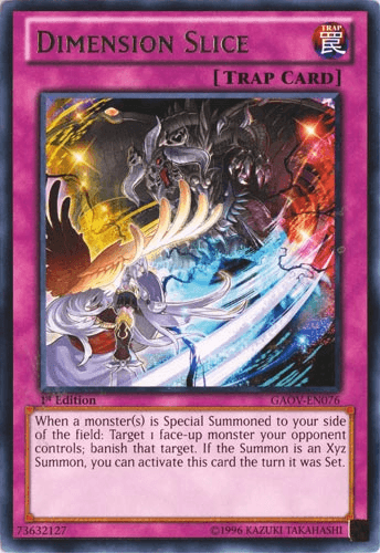 A "Dimension Slice [GAOV-EN076] Rare" Yu-Gi-Oh! card with dark purple borders and a detailed illustration. The artwork features a fierce, dark creature facing off against an ethereal, winged being. This Normal Trap locates its trap effect in the Galactic Overlord series, banishing an opponent's monster upon Xyz Summon with instant activation.