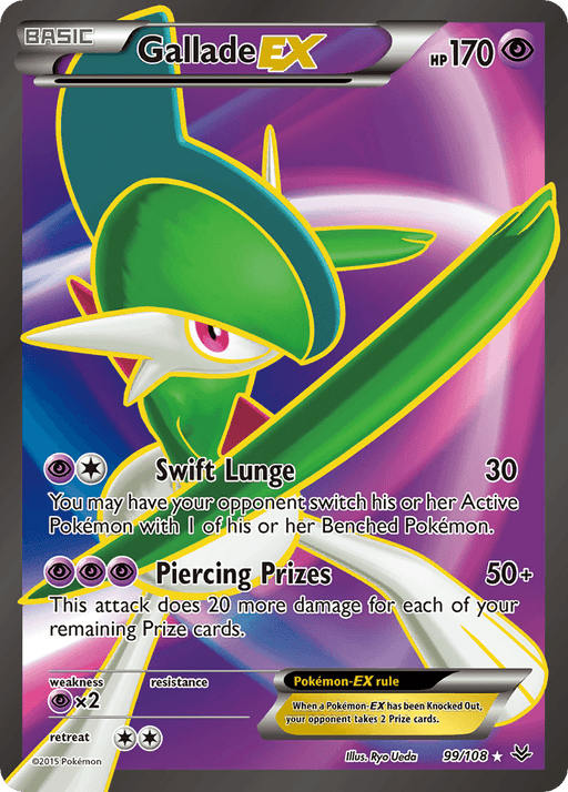 Image of a Gallade EX (99/108) [XY: Roaring Skies] Pokémon card. Gallade EX (99/108) [XY: Roaring Skies] is a humanoid Pokémon with white and green tones, ornate with red features. The card shows 170 HP and has two moves: Swift Lunge and Piercing Prizes. This Psychic-type card from the Roaring Skies set, number 99/108, is marked with an Ultra Rare star.