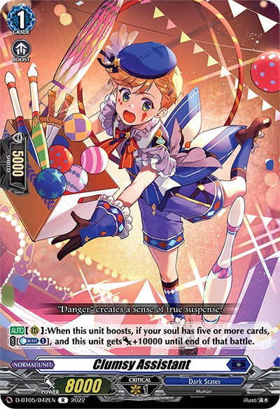 The rare trading card "Clumsy Assistant (D-BT05/042EN)" from the Bushiroad game "Triumphant Return of the Brave Heroes" features a lively human character from Dark States wearing vibrant attire. This colorful card boasts 8000 power and has a critical level of 1. The detailed design includes game instructions and various embellishments like ribbons and stars.