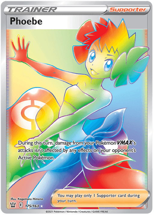 The Pokémon Trading Card featuring Phoebe is a Secret Rare from the Sword & Shield: Battle Styles set. She's surrounded by rainbow-colored energy, wearing a similarly multicolored outfit. The card is a Trainer Supporter card, and the text reads: "During this turn, damage from your Pokémon VMAX's attacks isn’t affected by any effects on your opponent’s Active Pokémon. The product name of this card is Phoebe (175/163) [Sword & Shield: Battle Styles] under the brand name Pokémon.