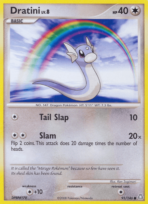 An illustration of a Dratini (91/146) [Diamond & Pearl: Legends Awakened] from Pokémon. Dratini, a Colorless blue serpentine dragon with a white underbelly, is set against a colorful rainbow sky. The card shows it's a basic Pokémon with 40 HP and its moves are "Tail Slap" and "Slam." The card's number is 91/146 and