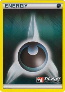 A Pokémon Darkness Energy (2011 Play Pokemon Promo) [League & Championship Cards] with a yellow border featuring a black circle with a white starburst effect in the background, signifying a Darkness Energy card. The "Play! Pokémon" logo is at the bottom right corner, marking it as one of the League & Championship cards. The card background is a mix of dark and light shades. Text at the top reads "ENERGY".