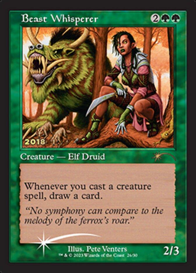 A Magic: The Gathering card titled "Beast Whisperer [30th Anniversary Promos]" features a female Elf Druid and a ferocious beast. With a green border, casting cost of 2 green mana and 2 colorless, power/toughness of 2/3, the Creature Elf Druid allows you to draw a card whenever you cast a creature spell. Art by Pete Venters.