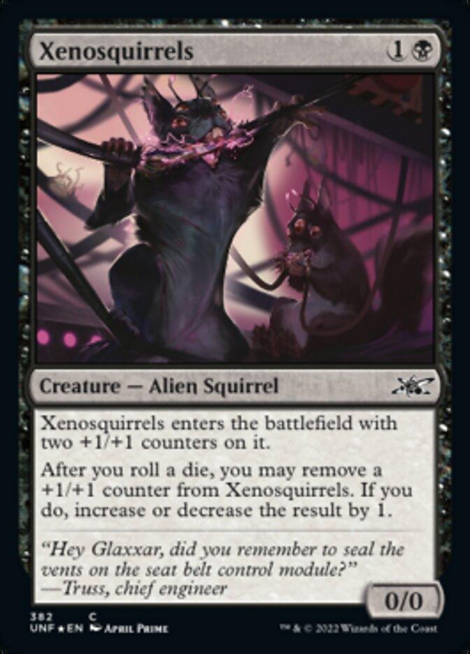 The image is of a Magic: The Gathering card titled "Xenosquirrels (Galaxy Foil) [Unfinity]" from the Unfinity series. It shows an alien squirrel holding a skull staff and wearing armor. The card has a cost of 1 black mana and 1 generic mana, and it enters the battlefield with two +1/+1 counters. Illustrated by April Prime.