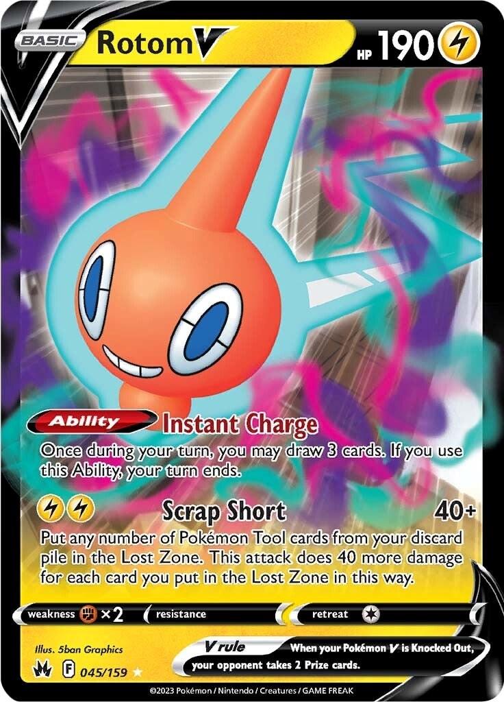 A Rotom V (045/159) [Sword & Shield: Crown Zenith] Pokémon card from the Pokémon series. The card features Rotom in a dynamic pose with a colorful, electrical background. This Ultra Rare card has 190 HP and is of the Electric type with Lightning-themed abilities: 