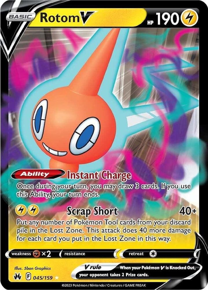 A Rotom V (045/159) [Sword & Shield: Crown Zenith] Pokémon card from the Pokémon series. The card features Rotom in a dynamic pose with a colorful, electrical background. This Ultra Rare card has 190 HP and is of the Electric type with Lightning-themed abilities: "Instant Charge" and "Scrap Short." It also shows the Pokémon stats, weakness, and illustrator information.