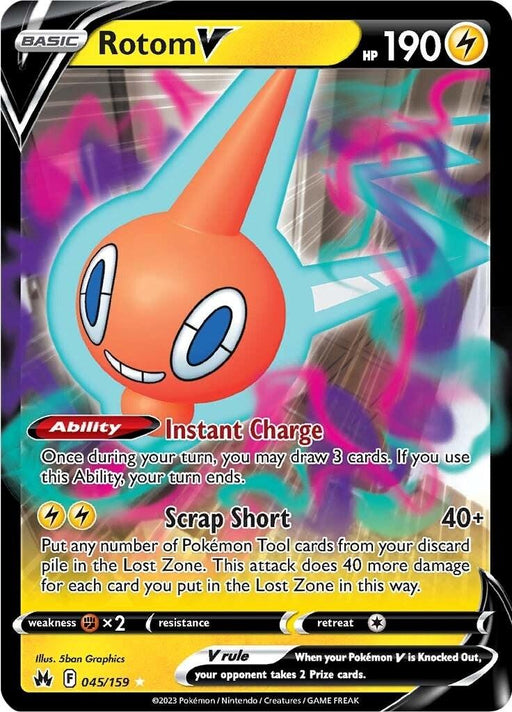 A Rotom V (045/159) [Sword & Shield: Crown Zenith] Pokémon card from the Pokémon series. The card features Rotom in a dynamic pose with a colorful, electrical background. This Ultra Rare card has 190 HP and is of the Electric type with Lightning-themed abilities: "Instant Charge" and "Scrap Short." It also shows the Pokémon stats, weakness, and illustrator information.