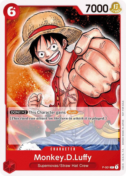 A trading card featuring a character named Monkey.D.Luffy from the Supernovas/Straw Hat Crew. He is wearing a straw hat and red vest, extending his fist forward. The Monkey.D.Luffy (Promotion Pack 2022) [One Piece Promotion Cards] from Bandai shows stats: 7000 power, 6 cost, and an ability named "DON!! x2: This Character gains Rush.