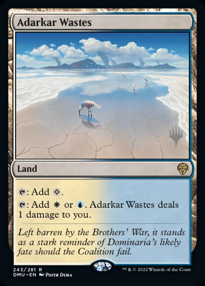 The "Adarkar Wastes (Promo Pack) [Dominaria United Promos]" Magic: The Gathering card, part of the Dominaria United Promos set, depicts a desolate, cracked wasteland with a cloudy sky reflected in still waters. The card reads: "Adarkar Wastes. Rare Land. {T}: Add {C}. {T}: Add {W} or {U}. Adarkar Wastes deals