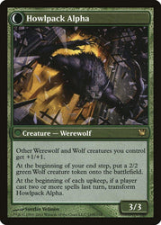 The image shows the Magic: The Gathering card "Mayor of Avabruck // Howlpack Alpha [Innistrad]," a rare card from Innistrad. It features a powerful Human Advisor Werewolf with black fur and glowing eyes lunging forward. The card has a green border, enhances other werewolves and wolves, and boasts a power and toughness of 3/3.