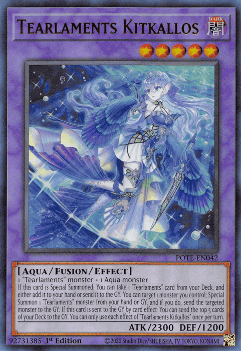 A Yu-Gi-Oh! trading card titled "Tearlaments Kitkallos [POTE-EN042] Ultra Rare," an Ultra Rare Fusion/Effect Monster. It features an aquatic-themed, ethereal female figure with long hair, adorned in flowing attire, surrounded by water and sparkling light. It has a DARK Attribute, Level 5, ATK of 2300, DEF of 1200.