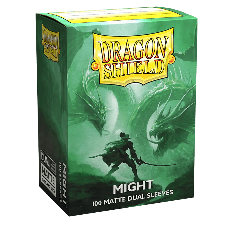 The packaging for Arcane Tinmen's Dragon Shield: Standard 100ct Sleeves - Might (Dual Matte) is green and features stunning artwork of two dragons encircling a knight, with "Dragon Shield" at the top and "Might" on the side. Containing 100 dual matte sleeves with a sleek black interior, these are perfect for any collector.