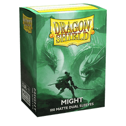 The packaging for Arcane Tinmen's Dragon Shield: Standard 100ct Sleeves - Might (Dual Matte) is green and features stunning artwork of two dragons encircling a knight, with "Dragon Shield" at the top and "Might" on the side. Containing 100 dual matte sleeves with a sleek black interior, these are perfect for any collector.