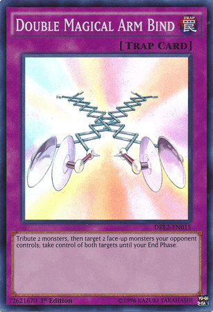 Featured in "Dragons of Legend 2," the Yu-Gi-Oh! Normal Trap Card titled "Double Magical Arm Bind [DRL2-EN015] Super Rare" showcases metallic arms with shackles extending from a central joint, prepared to ensnare. The vibrant background bursts with a mystical aura. As a Super Rare card, it allows you to tribute 2 monsters to seize control of 2 opponent's monsters.