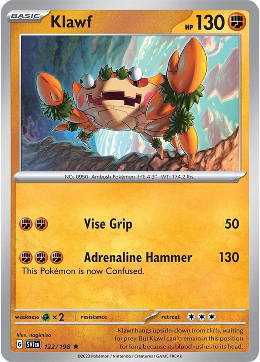 A rare Pokémon trading card featuring Klawf (122/198) [Scarlet & Violet: Base Set], a crab-like creature with large claws and red-and-yellow coloration, from the Pokémon Scarlet & Violet series. With 130 HP, it showcases "Vise Grip" dealing 50 damage and "Adrenaline Hammer" inflicting 130 damage but leaves Klawf Confused. The background art shows a rocky environment.