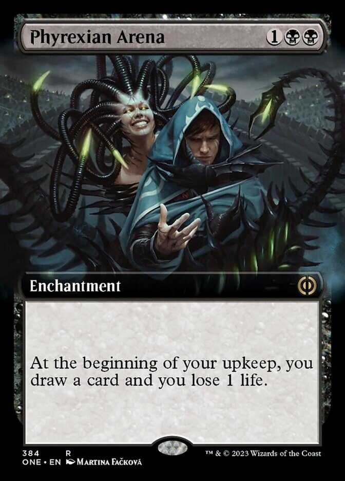 The Phyrexian Arena (Extended Art) card from the Magic: The Gathering brand's Phyrexia: All Will Be One set depicts a cloaked figure drawing energy with mechanical tendrils. This enchantment requires 1 black and 2 generic mana to cast and includes the effect: “At the beginning of your upkeep, you draw a card and lose 1 life.”