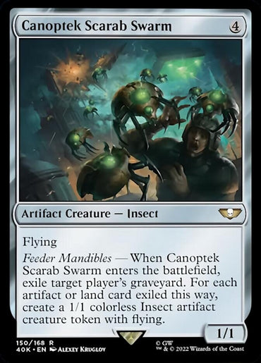 The "Canoptek Scarab Swarm [Warhammer 40,000]" Magic: The Gathering card is a 1/1 Artifact Creature with a casting cost of four colorless mana. Its artwork depicts mechanical scarabs attacking an armored figure, capturing the Warhammer 40,000 aesthetic. The card's abilities include exiling cards from a player's graveyard and creating artifact tokens.