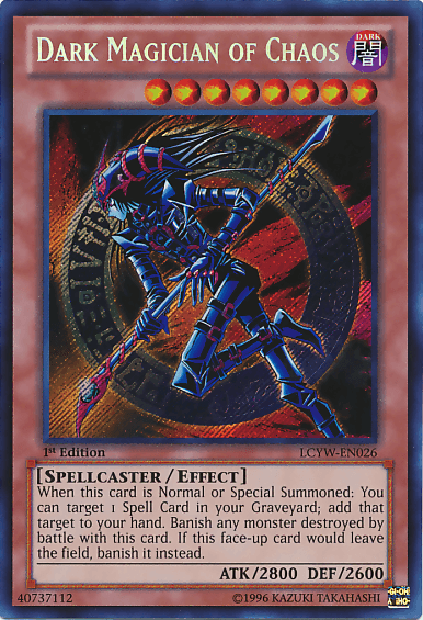 A Yu-Gi-Oh! trading card titled "Dark Magician of Chaos [LCYW-EN026] Secret Rare" from Legendary Collection 3: Yugi's World. The Secret Rare card features an armored sorcerer holding a staff, encircled by swirling red and black energy. It has 2800 ATK and 2600 DEF, with an effect that allows targeting and banishing a Spell Card from the Graveyard.