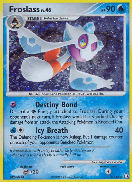 Image of a Froslass (3/146) [Diamond & Pearl: Legends Awakened] card from Pokémon. This ghostly, ice-type Pokémon has a hollow body with icy details. With 90 HP and attacks like "Destiny Bond" and "Icy Breath," it bears the water symbol. Illustrated by Kagemaru Himeno, it's card number 3/146 in the Diamond & Pearl set.