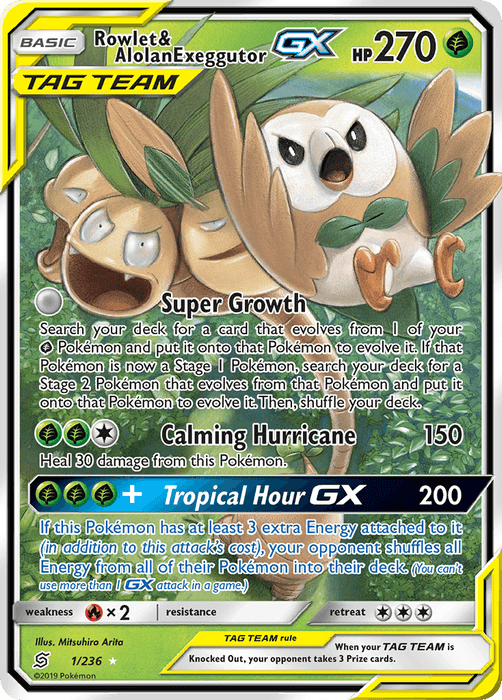 An illustrated Pokémon trading card featuring Rowlet & Alolan Exeggutor. The Grass Type, TAG TEAM Ultra Rare card from Sun & Moon Unified Minds set showcases both Pokémon prominently. With HP 270, its attacks include "Super Growth," "Calming Hurricane," and "Tropical Hour GX." The background is tropical-themed with greens and yellows.

Product Name: Rowlet & Alolan Exeggutor GX (1/236) [Sun & Moon: Unified Minds]
Brand Name: Pokémon