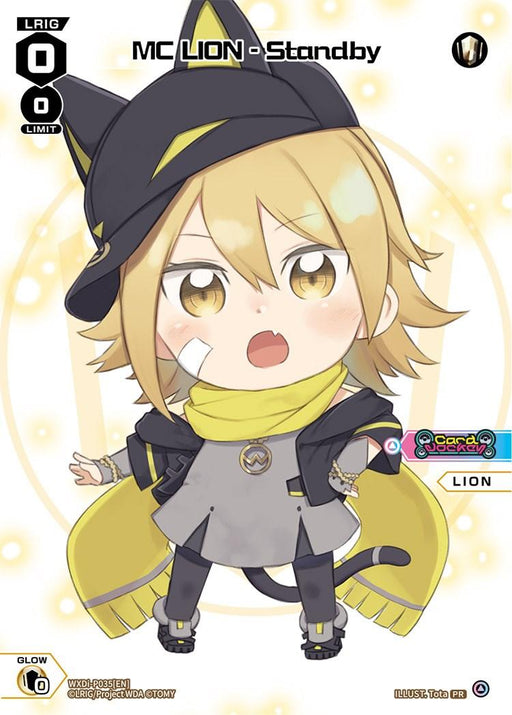 Chibi-style character with messy blond hair, wearing a black hat with a yellow trim and a yellow scarf draped around the neck. They have cat ears and a tail, dressed in a gray and black outfit with matching shoes. The background features circular light effects and small symbols, hinting at an exclusive TOMY MC LION - Standby (Chibi) (WXDi-P035) [Promo Cards] release.