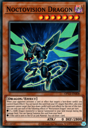 Trading card featuring **Noctovision Dragon [OP15-EN008] Super Rare**, a Super Rare dark-attribute dragon with 0 attack points and 2800 defense points. The dragon has mechanized, insect-like features and glows faint green. The **Yu-Gi-Oh!** OTS Tournament Pack 15 card includes detailed effect text and the ID number OP15-EN008, with a black and brown design frame.