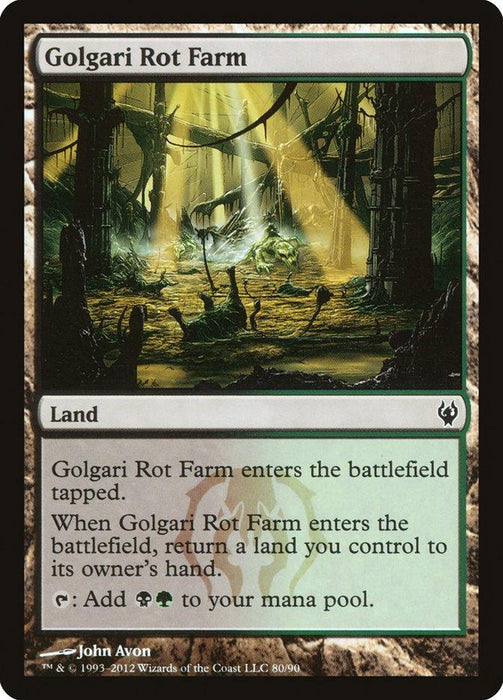 The image features a Magic: The Gathering card named "Golgari Rot Farm [Duel Decks: Izzet vs. Golgari]," part of the Magic: The Gathering series. It depicts a dark, swampy landscape with decaying vegetation and eerie green light. The card text explains: "Golgari Rot Farm enters the battlefield tapped. When it enters the battlefield, return a land you control to its owner's hand. T: Add B and G.
