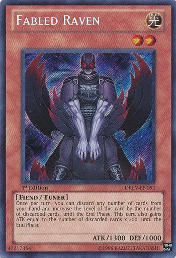 A Yu-Gi-Oh! trading card titled "Fabled Raven [DREV-EN091] Secret Rare." This Secret Rare from Duelist Revolution features an eerie, human-like raven creature with glowing red eyes, dark armor, and prominent wings. As a Fiend/Tuner Monster, it boasts ATK 1300 and DEF 1000, along with text describing its abilities.