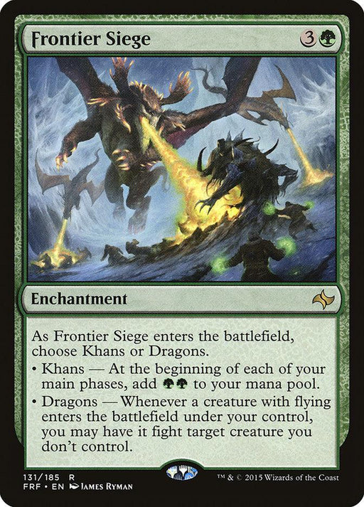 Magic: The Gathering card named Frontier Siege [Fate Reforged], an Enchantment from Fate Reforged, has a green border and requires four mana to play. The artwork shows two creatures, one dragon-like and one humanoid, engaged in battle. The card's effect allows the player to choose between two abilities: Khans or Dragons.