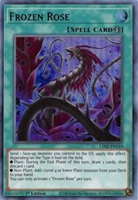 Image of the Yu-Gi-Oh! card "Frozen Rose (Purple) [LDS2-EN119] Ultra Rare," a Quick-Play Spell from Legendary Duelists: Season 2. It features a majestic, frost-covered rose and a serpent-like dragon in a dark, icy environment. The card is marked "SOFU-EN065" at the bottom, with its effects detailed in the lower half.