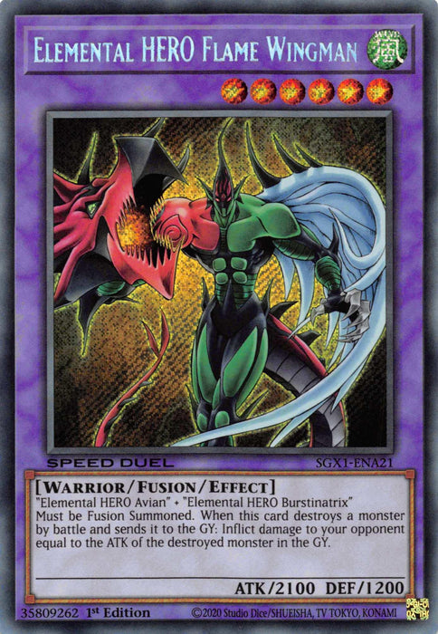 A Yu-Gi-Oh! Secret Rare trading card titled "Elemental HERO Flame Wingman [SGX1-ENA21]." The card features a humanoid creature with green skin, a dragon-like wing, and a red wing. It's an Elemental HERO Fusion/Effect monster with 2100 ATK and 1200 DEF. Descriptive text and game stats are displayed below the image.