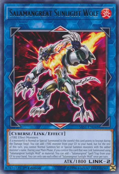 A trading card titled "Salamangreat Sunlight Wolf [SAST-EN048] Rare" from the Yu-Gi-Oh! Savage Strike series. The card showcases an animated, fiery wolf standing on hind legs with flames radiating from its body. It has a blue frame with intricate details and text at the bottom describing its cyberse/link/FIRE Effect Monster attributes and abilities.