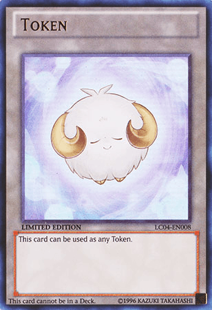 A White Lamb Token [LC04-EN008] Ultra Rare card from the Yu-Gi-Oh! Legendary Collection 4: Joey's World features a small, fluffy creature with closed eyes, a round body, tiny legs, and large golden horns. It has text stating 