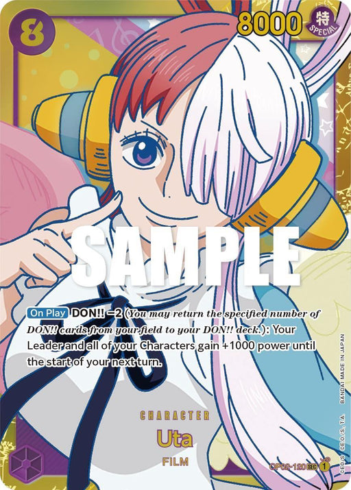 A Bandai Uta [Paramount War] card image features Uta from the anime "One Piece," with her name printed below. She smiles while wearing yellow headphones with a white and red hair color. Instructions and power stats are written on the Character Card: "On Play: DON!! -2..." and "8000." The text "SAMPLE" is overlaid in the center.