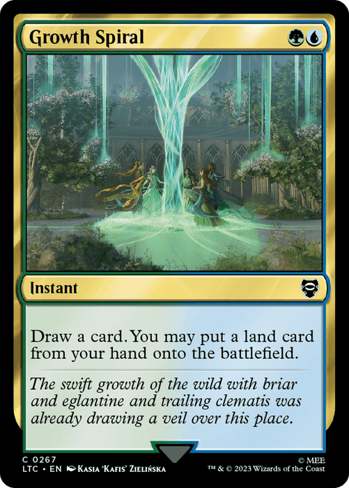 A Magic: The Gathering card titled "Growth Spiral [The Lord of the Rings: Tales of Middle-Earth Commander]." It features green and blue mana symbols, indicating its color requirements. The artwork depicts a person casting a spell, causing green spirals of energy from nature to emerge. As an instant card, it allows drawing a card and playing an additional land.