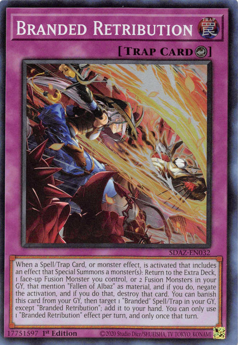 A Yu-Gi-Oh! trading card named "Branded Retribution [SDAZ-EN032] Super Rare," identified as a Counter Trap Card. The illustration depicts a fierce battle scene involving armored warriors and a dragon amidst flames. Part of Structure Deck: Albaz Strike, the card has detailed text about its effects. Set code: SDAZ-EN032, 1st Edition, with a copyright notice at the bottom.