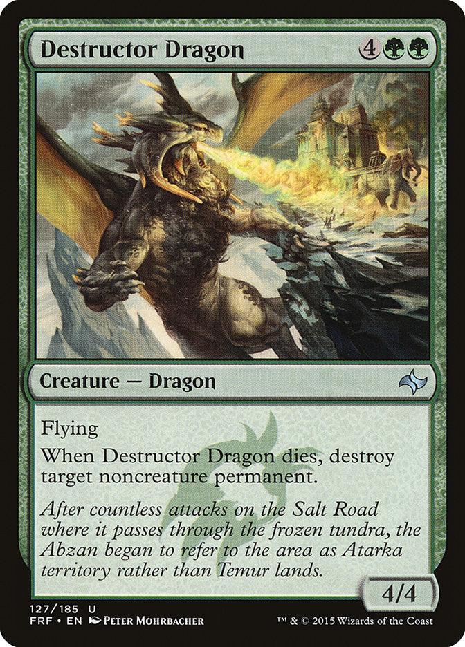 Magic: The Gathering card of Destructor Dragon [Fate Reforged]. It shows a fierce dragon breathing fire onto a burning castle amidst the stormy skies of Atarka territory. The card description reads: 