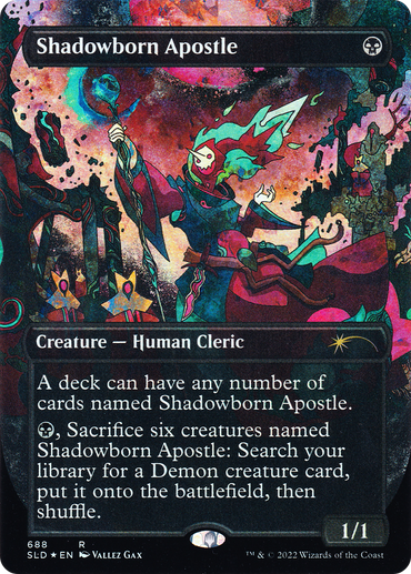 The Magic: The Gathering card "Shadowborn Apostle (688) (Borderless)" from the Secret Lair Drop Promos showcases a robed figure wielding a staff adorned with glowing runes against a dark, swirling fantasy-themed background. This vibrant card permits multiple copies in your deck and enables the summoning of a powerful demon creature by sacrificing six apostles.